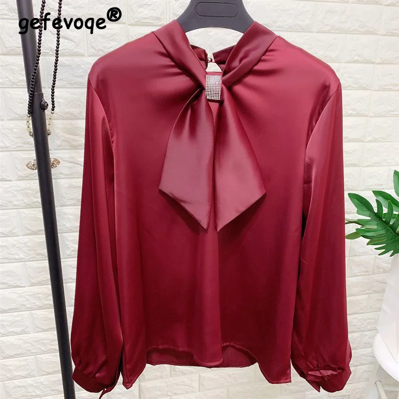 

Женская шикарная блузка с длинным рукавом, шифоновая Свободная блузка цвета красного вина с яркими бриллиантами и бантом, пуловер на шнуровке для весны и осени