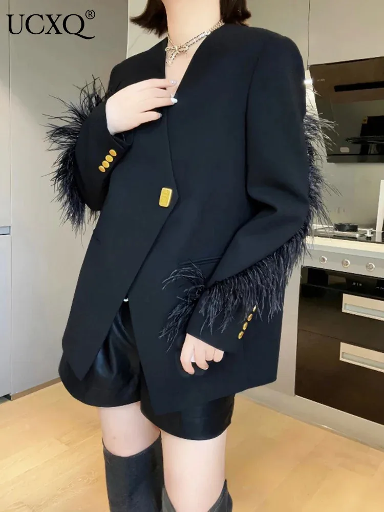 

UCXQ Korean Style Studded Feather Spliced Suit Jacket Elegant All Match V-neck Mid Length Coat Women 2024 Spring Summer 23A8178