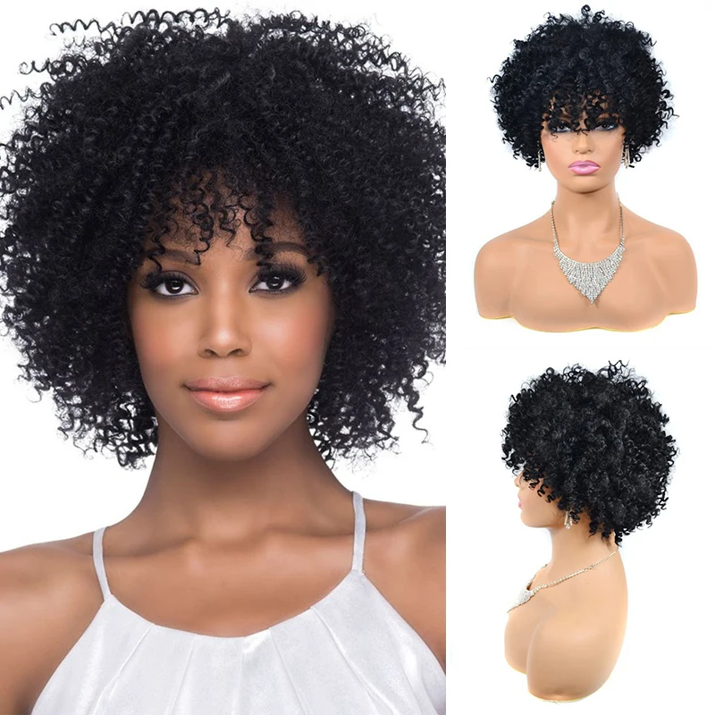 

Black Short Kinky Curly Wig with Bangs Synthetic Afro Bouncy Curly Wigs for Women Cosplay Heat Resistant Fiber Wigs Daily Used