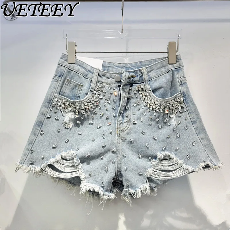 

Ripped Denim Shorts for Women Trendy 2024 New Summer High Waist Slimming Exquisite Rhinestone Raw Hem Wide Legs Denim Hot Pants