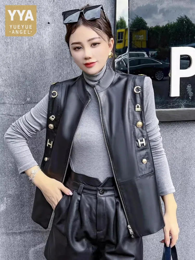 

High Street Fashion Women Genuine Leather Vest Stand Collar Slim Fit Sleeveless Sheepskin Jacket Zipper Black Casual Waistcoat