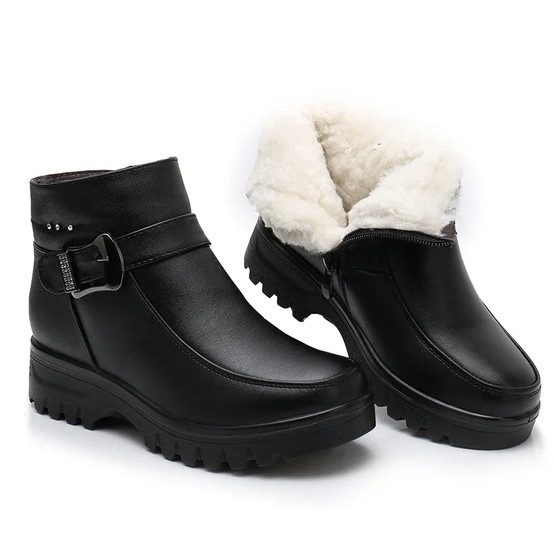 

Модные зимние женские кожаные ботильоны, женские теплые ботинки на толстом плюше для снега, водонепроницаемые Нескользящие ботинки для мам, женские ботинки