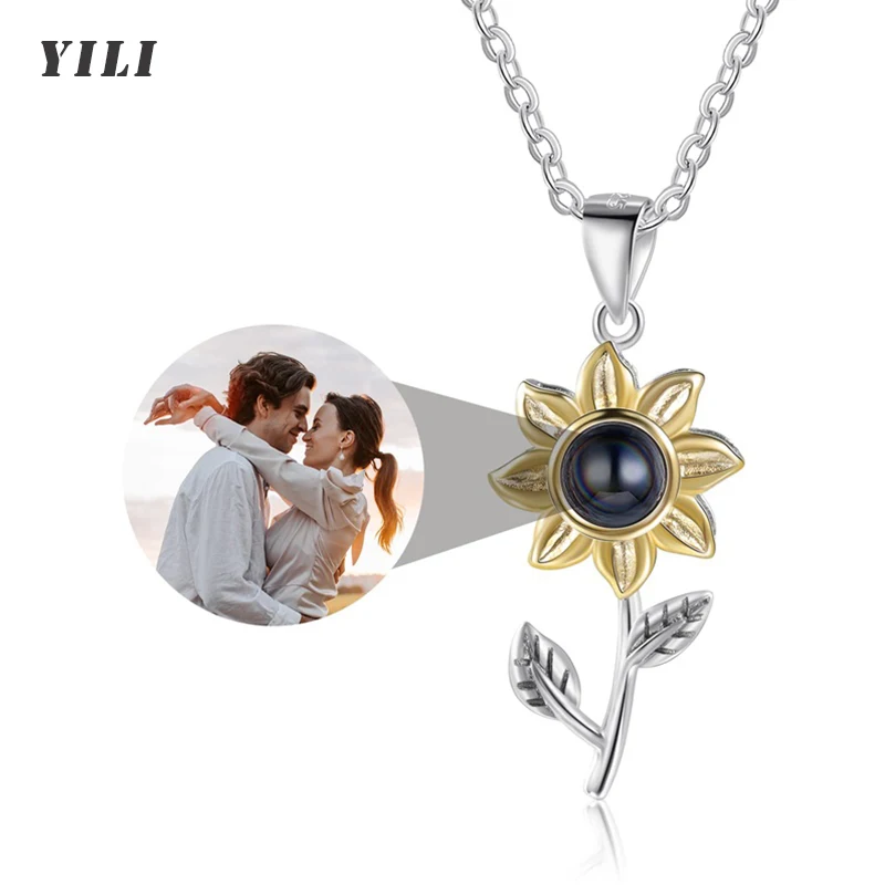 

Personalized Sunflower Photo Projection Necklace Custom Picture Pendant I Love You Jewelry Gift for Women Mom Wife Daughter