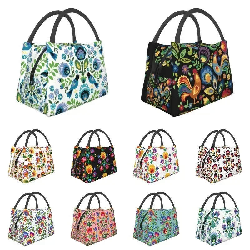 

Polish Folk Birds Insulated Lunch Bag for Women Resuable Poland Floral Art Thermal Cooler Bento Box School Work Picnic Food Tote