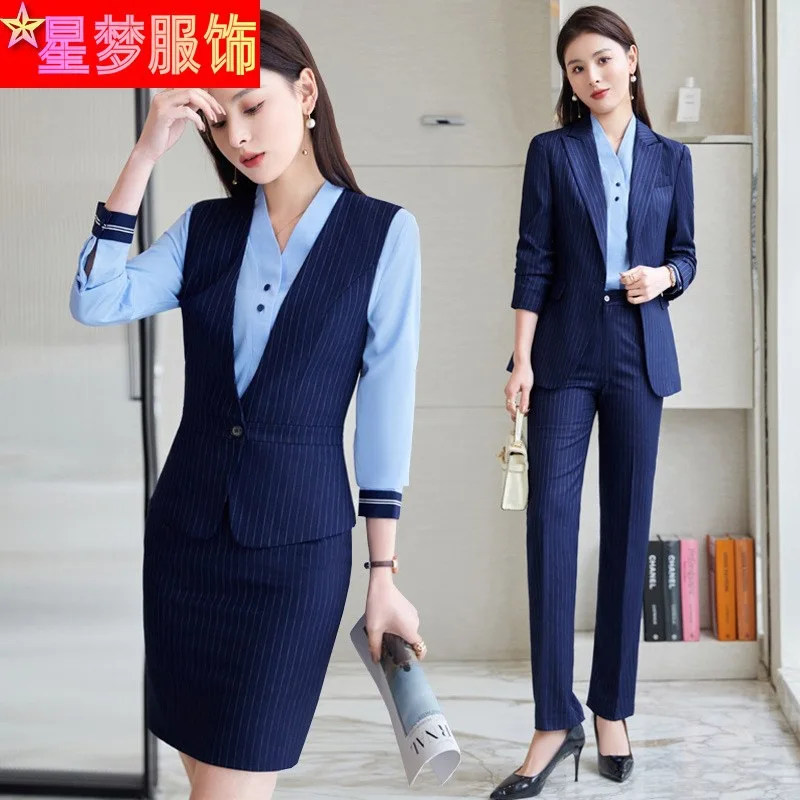

Spring and Autumn New Long Sleeve Striped Suit Dress Business Suit Female Hotel Front Desk Manager Jewelry Shop Workwear