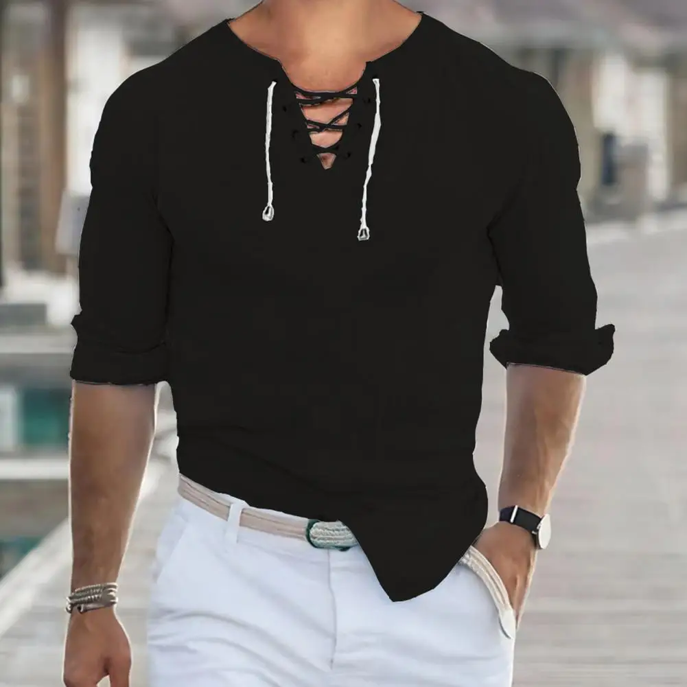 

Рубашка мужская с длинным рукавом, на шнуровке, V-образный вырез, облегающая блузка, стильная повседневная сорочка в стиле ретро, на весну и осень