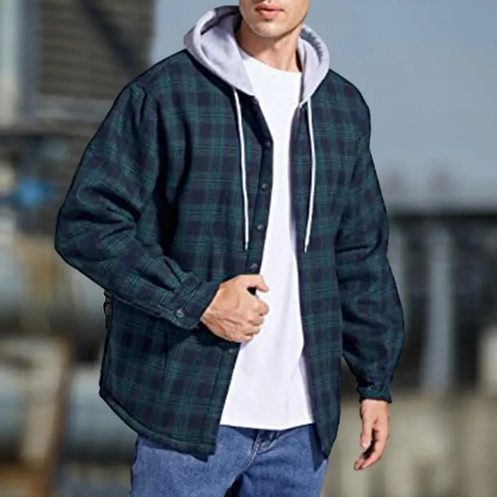 

Winter Men Jacket Plaid Buttoned Coldproof Loose Plush Lining Hooded Jacket Hoodie Cardigans Outerwear Autumn Warm Wool Coats