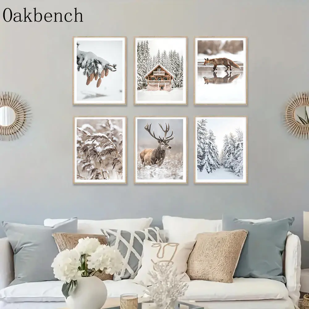 

Snow Forest Canvas Painting House Print Pictures Elk Fox Painting Poster Reed Wall Paintings Nordic Posters Living Room Decor