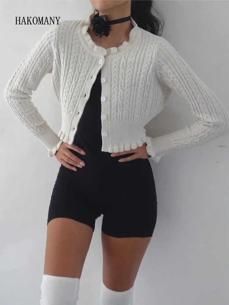 

2023 Woman Slim Waist Full Sleeve Sweater Knitwear Jumper Y2K Twist Knitted Wood ears O neck Cropped Cardigan Korea Clothes