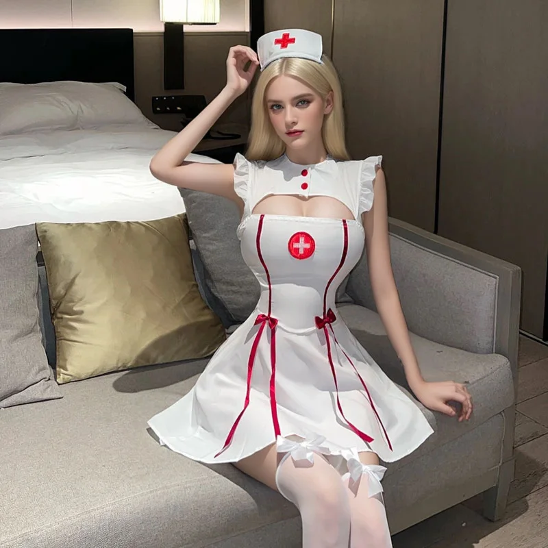Sexy Lingerie Nurse Uniform Bust Hollow Out White Dress Exotic Costumes Pajamas Party Night Club Performance Wear Women Girls
Sexy Lingerie Nurse Uniform Bust Hollow Out White Dress Exotic Costumes Pajamas Party Night Club Performance Wear Women Girls