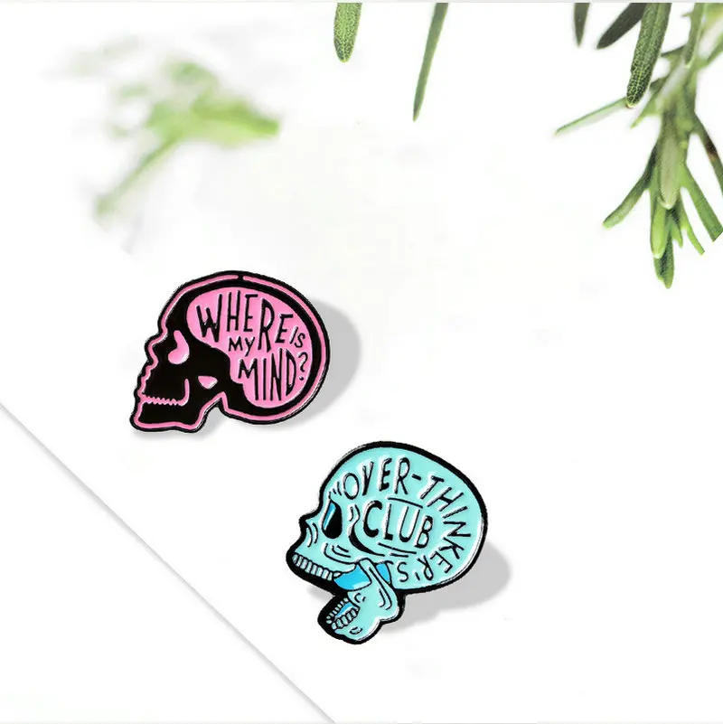 

Where is my mind Enamel Pins Custom Overthink Skull Brooches Lapel Pin Shirt Bag Skeleton Badge Humor Jewelry Gift for Friends