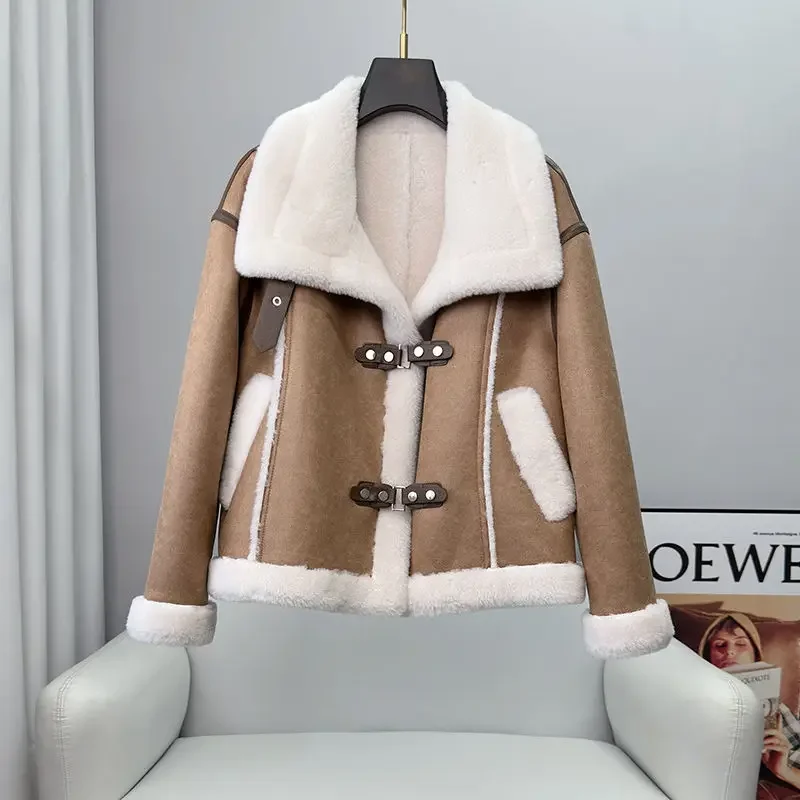 

2023 New Women Girl Sheep Shearling Warm Turn Down Collar Short Coats Lady Lamb Wool Jacket Winter Overcoat Parka Natural F09