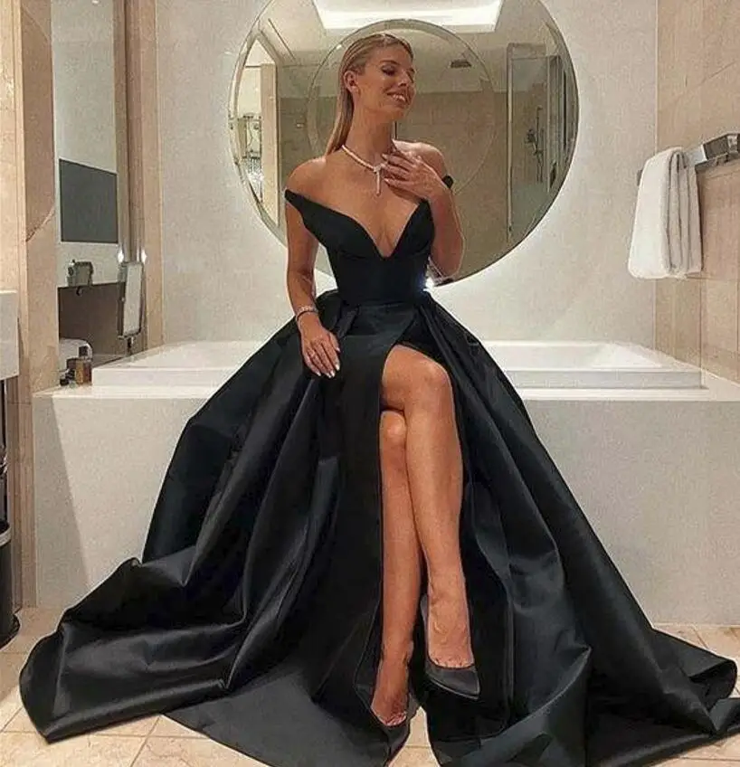 Sexy Black Prom Dresses High Slit Off The Shoulder Satin 2023 Formal Evening Gowns Women Night Party Maxi Robe De Soiree
Sexy Black Prom Dresses High Slit Off The Shoulder Satin 2023 Formal Evening Gowns Women Night Party Maxi Robe De Soiree