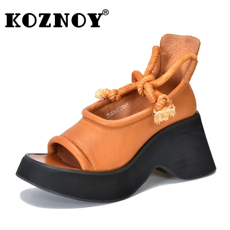 

Koznoy 8cm Natural Genuine Leather Sandals Boots Flats Platform Wedge Summer Women Hollow Pumps Peep Toe Booties Mary Jane Shoes