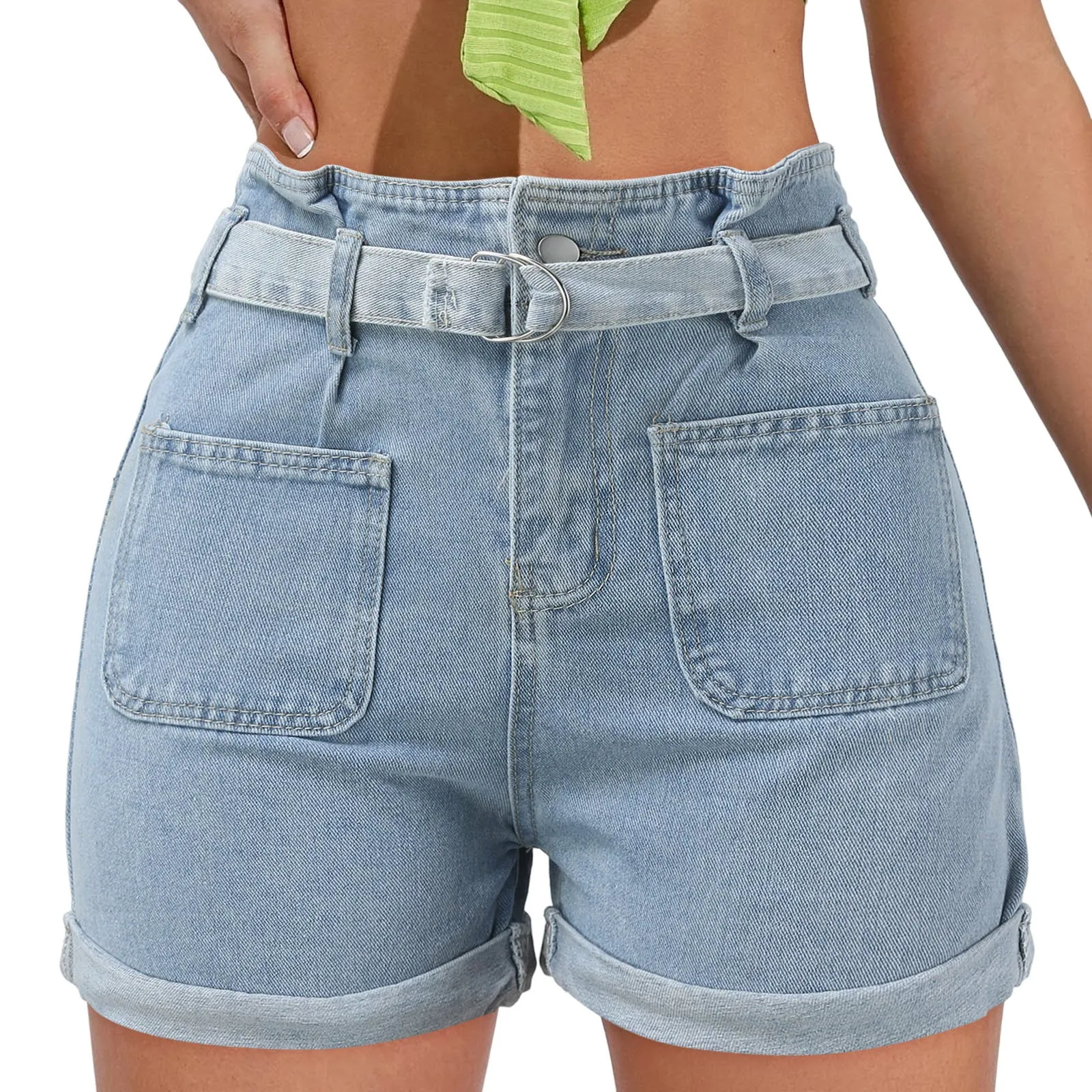 

Women Casual Denim Shorts With Pockets Belt High Waisted Jean Mini Hot Short Pants Mujer Spring Summer Baggy Loose Comfy Cortos