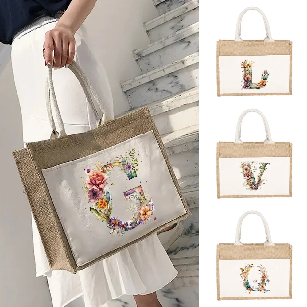 

Simplicity Linen Shoulder Bag Floral Letter Print Pattern Yellow Linen Imitation Burlap Commuting Handbag Women's Shopping Bag