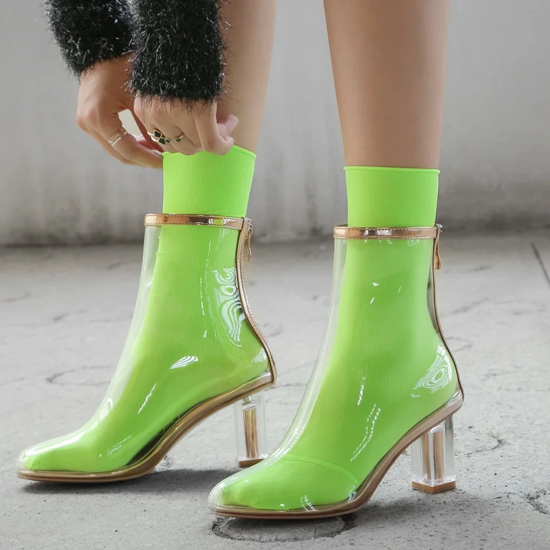

Summer Clear Leather TPU Patched Hoof Crystal Short Boots Women Transparent Hyaline Zip Ankle Sandal With Colourful Socks
