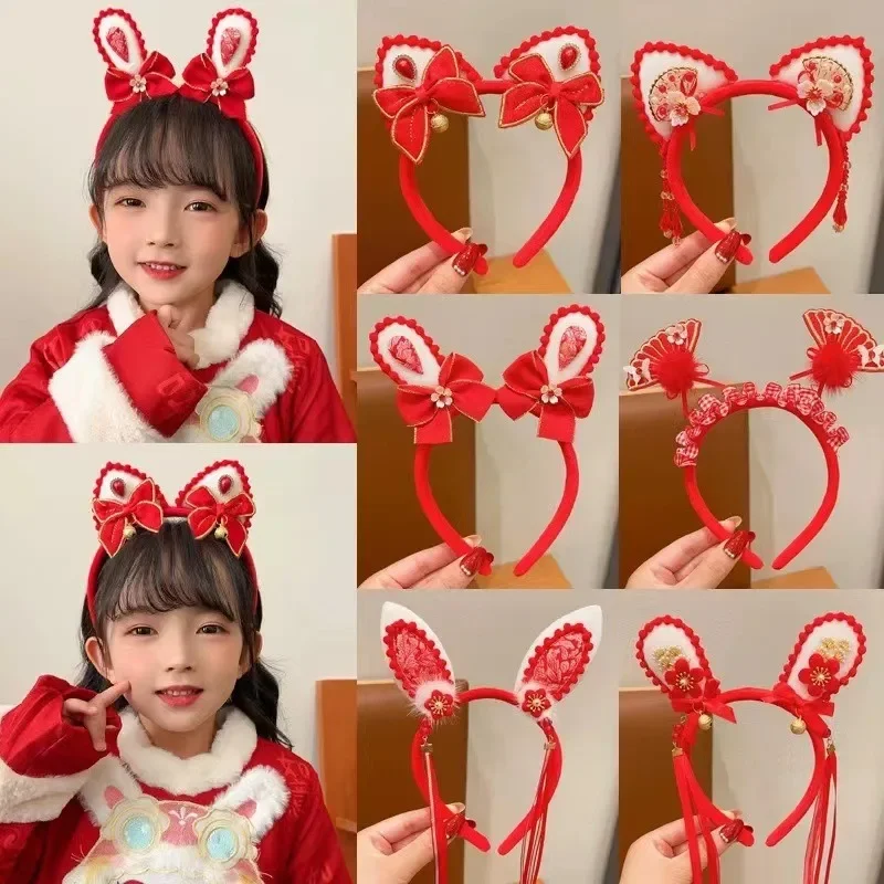

Red Plush Rabbit Ears Headband Bow Bells Lolita Cosplay Prop Cute Girls Party Ear Headwear Headbands Head Hoop for Children