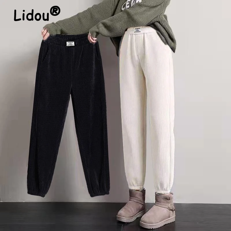 

Autumn Winter Women Trendy Corduroy Casual Streetwear Fleece Warm Harem Pants Female Black White Loose Sweatpants Y2K Pantalones