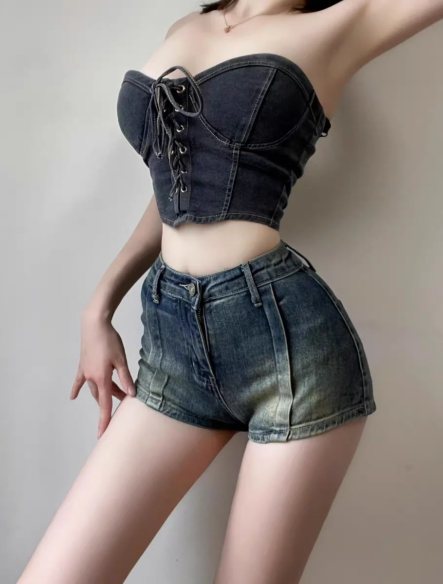 

Washed Blue Sexy Low Rise Ultra Shorts Korean Vintage Blue Sexy Ripped Jeans for Women A-line High-waisted Denim Ultra Shorts