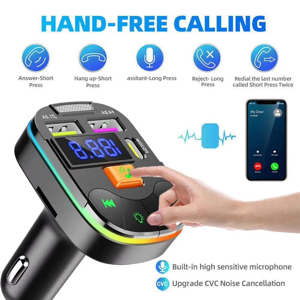 

Car Bluetooth 5.0 FM Transmitter PD Type-C Dual USB Fast Light Modulator 3.1A Ambient Charger Colorful Player Handsfree MP3 R6K0