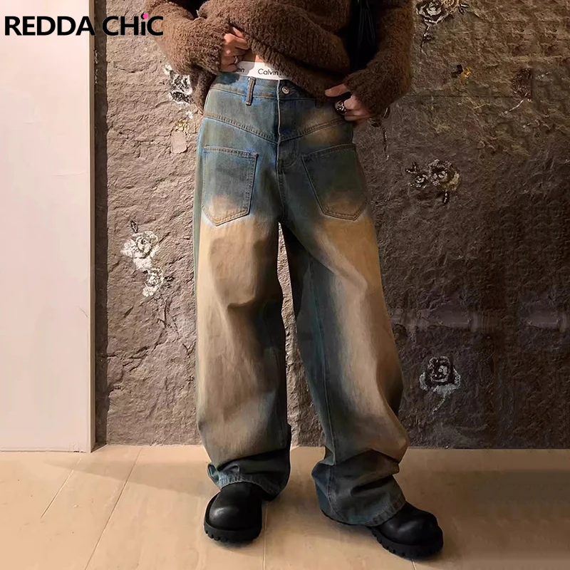 

ReddaChic Big Size Dirty Wash Blue Baggy Jeans Men Vintage Straight Low Waist Distressed Wide Leg Denim Pants Hiphop Streetwear