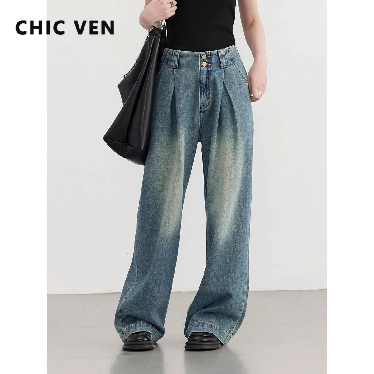 

CHIC VEN Women Jeans Casual New Vintage High Waisted Pleated Female Trousers Wide Leg Denim Pants Spring Autumn 2024