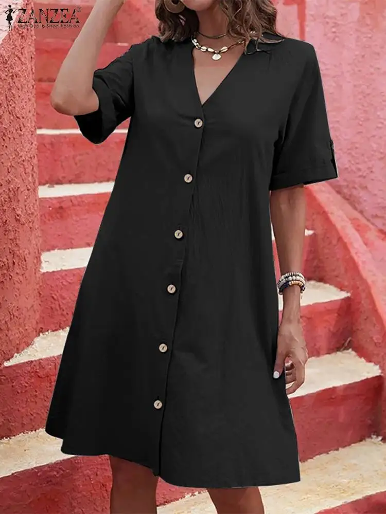 

ZANZEA Casual Oversize Sundress Holiday Short Sleeve Mini Dress Fashion V Neck Vestidos Loose Women Plain 2023 Sumemr Short Robe