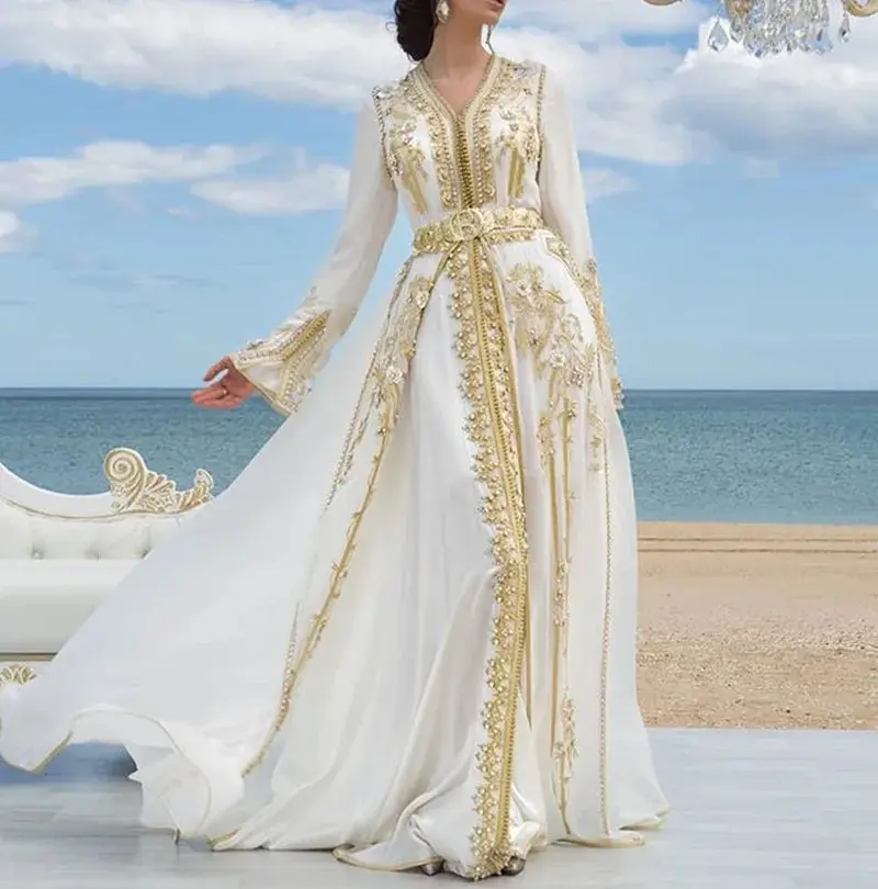 White Chiffon Luxury Evening Dresses Golden Lace Appliques Moroccan Kaftan Dubai Mother Dress Arabic Muslim Special Occasion
White Chiffon Luxury Evening Dresses Golden Lace Appliques Moroccan Kaftan Dubai Mother Dress Arabic Muslim Special Occasion