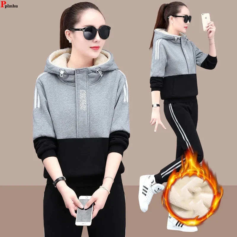 

Winter Jogger 2 Pieces Sets Hooded Patchwork Plush Tops Outfit High Waist Baggy Harem Pants Suits Warm Thicken Casual Conjuntos