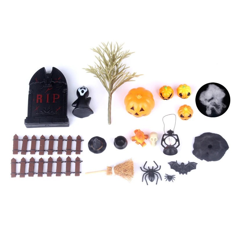 

1Set 1:12 Dollhouse Miniature Halloween Ornament Witch Hat Tombstone Pumpkin Spider Bat Ghost Skull Model DIY Scene Decor