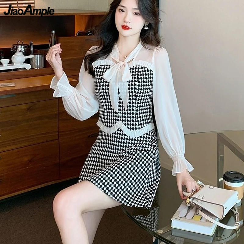 

Women Graceful Bowknot Collor Shirts Mini Skirt Two Piece Set Spring Autumn Korean Slim Plaid Patchwork Tops Skirts Outfits 2023