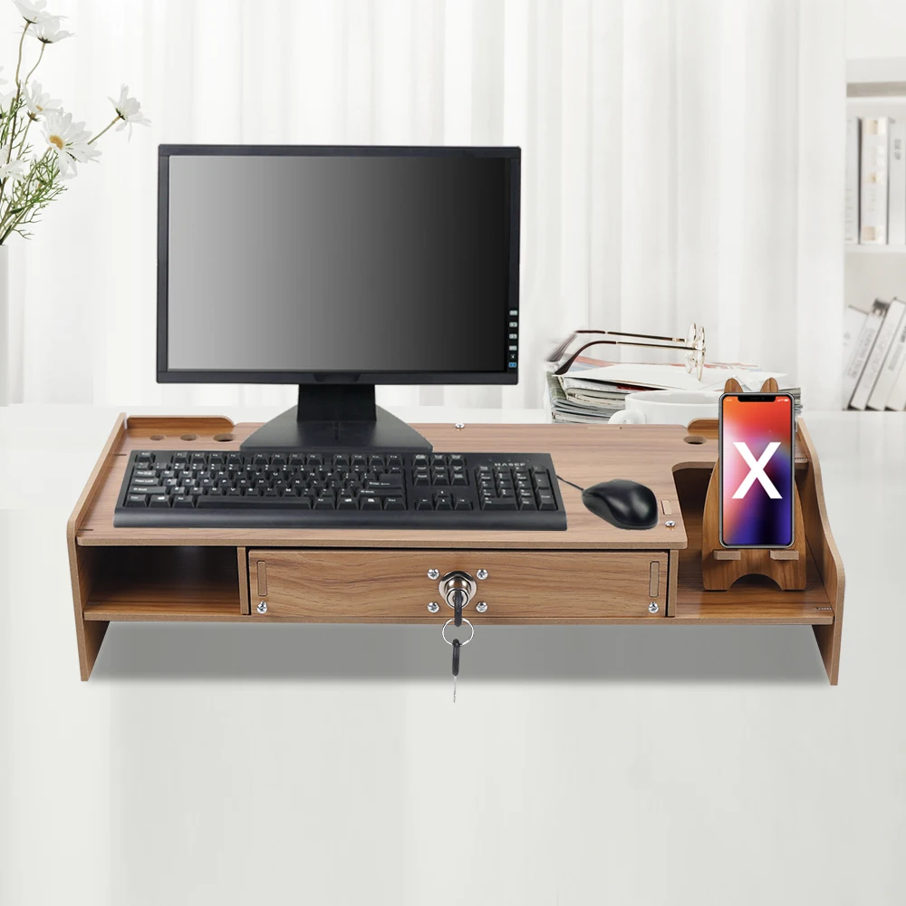 

Desktop Wood Monitor Riser Holder Shelf with Storage Drawer Computer/Laptop/PC Stand Desk Mount Phone Organizer for Home Office