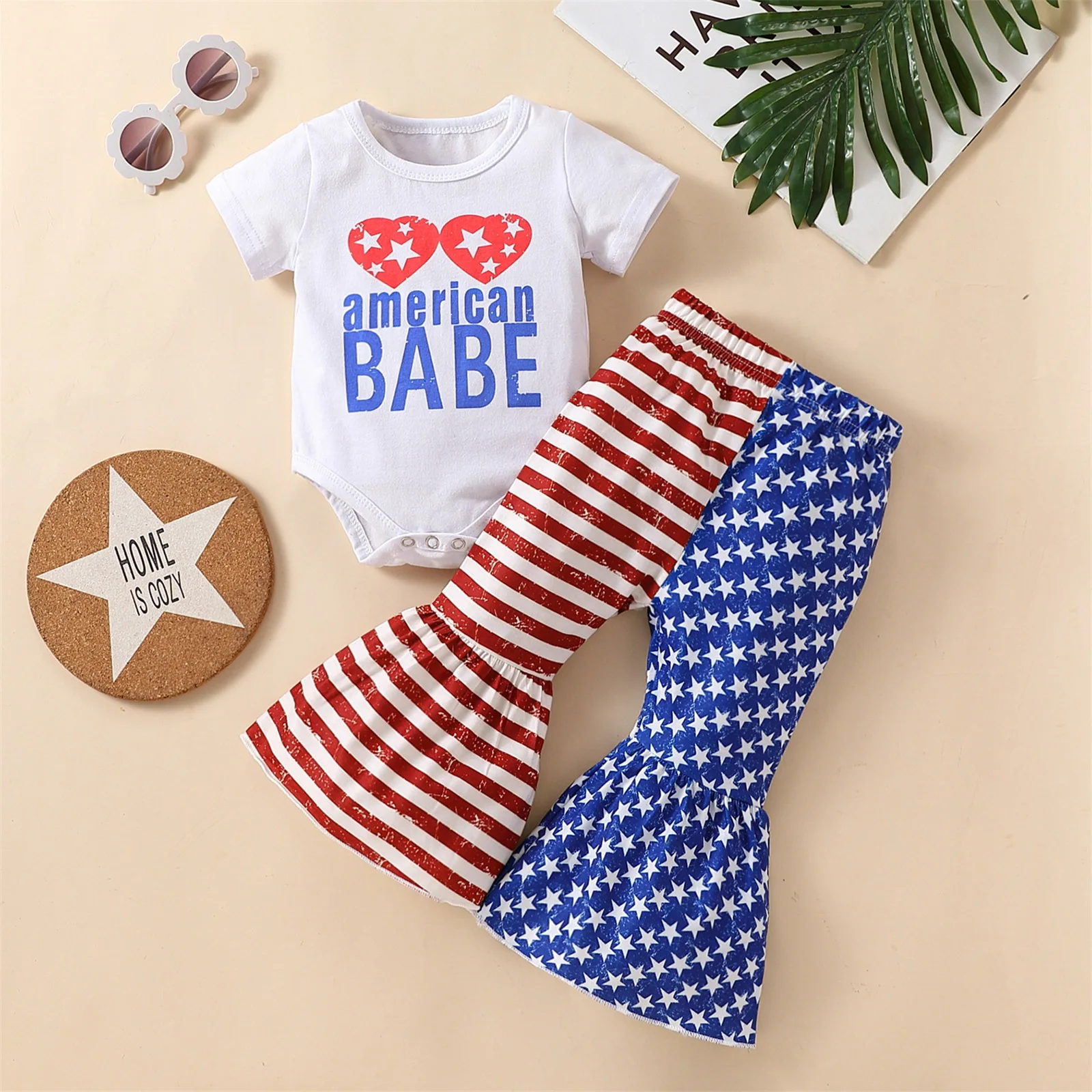 Infant Baby Girl Independence Day Outfits Short Sleeve Crew T-Shirt/Romper, Star Stripe Long Flared/Triangle Pants, Bow Headband
Infant Baby Girl Independence Day Outfits Short Sleeve Crew T-Shirt/Romper, Star Stripe Long Flared/Triangle Pants, Bow Headband