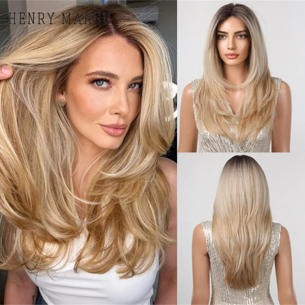 

HENRY MARGU Long Layered Straight Blonde Synthetic Wigs Natural Hairline Part Lace Wig Ombre Blonde Mixed Highlight Daily Hair