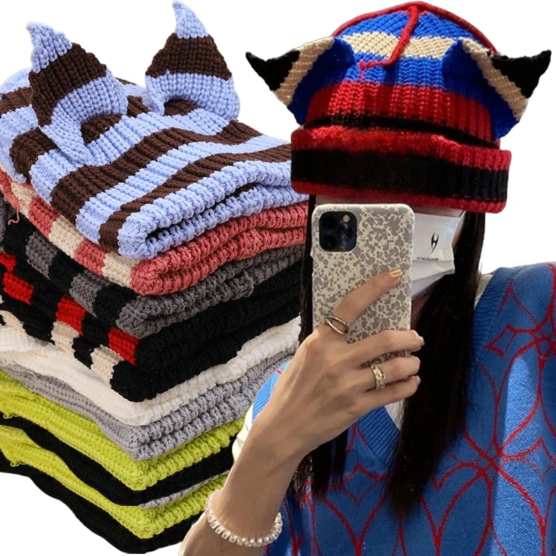 

Gothic Little Devil Ears Knitted Caps Women Girls Y2K Cat Ear Beanies Striped Hat Bonnets Skullies Cap Funny Hip-hop Streetwears