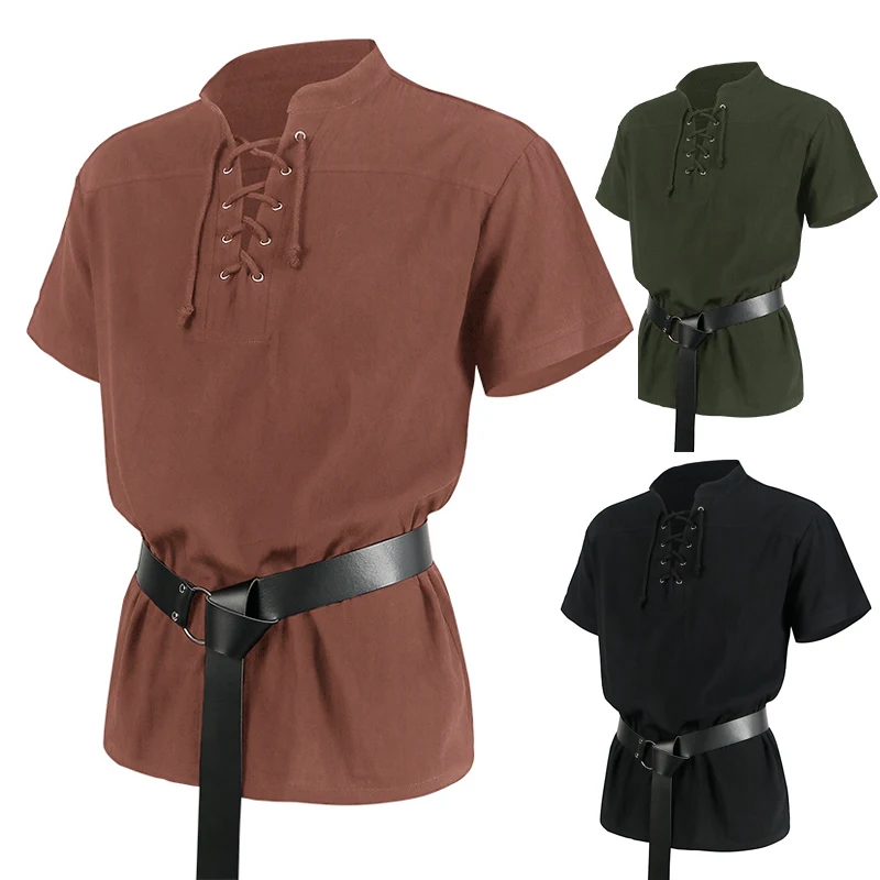 

Men's Short Sleeve Medieval Cosplay Shirt and Belt Victorian Renaissance Gothic V-Neck Lace Up T-Shirts Hippie Pirate Costume