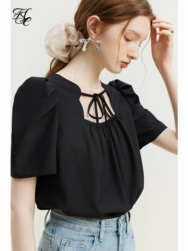 

FSLE Commuting Sense French Puff Sleeve Short-sleeved Shirt for Women Design Sense Niche Summer Lace-up Square Collar Top Female