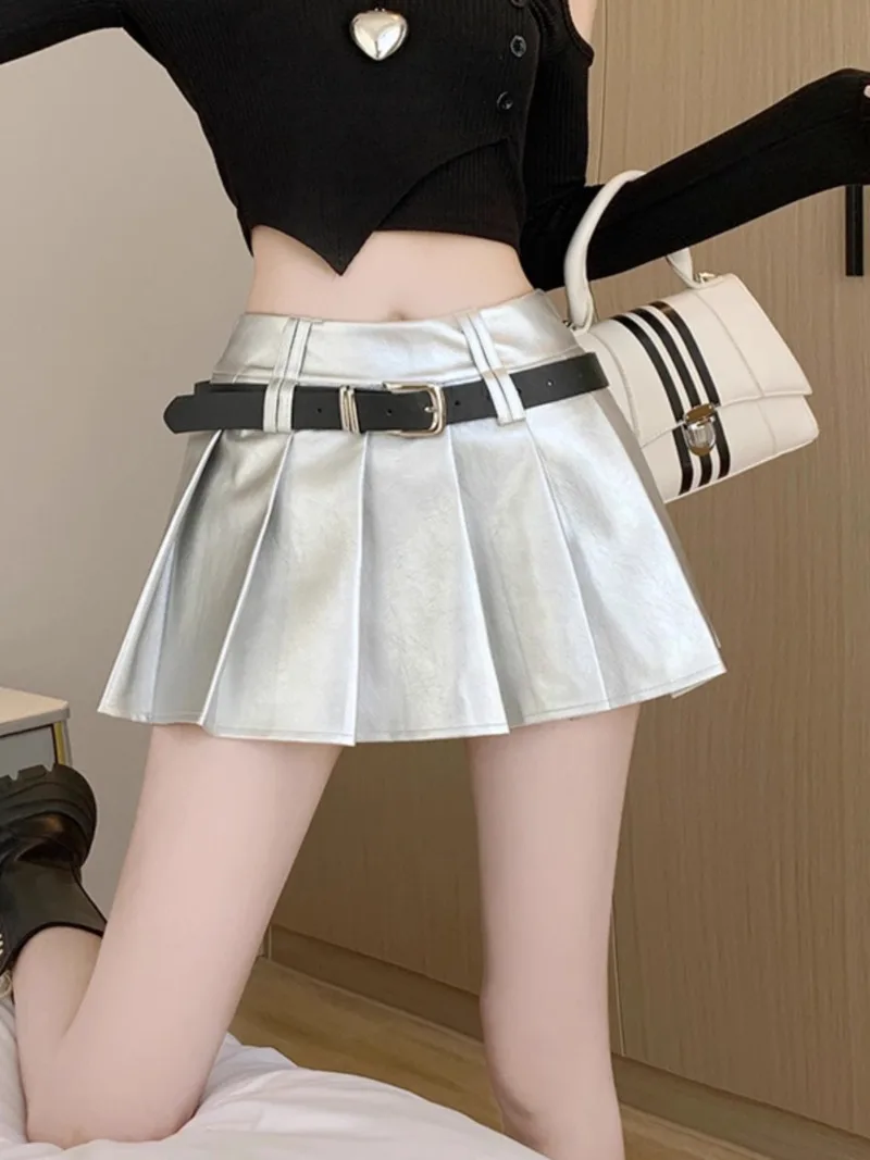 

Korean Spicy Girl Fashion Pleated Leather Skirt Women Fashion Academy Solid High Waisted Slim Spring A-line Skirt Pants Dressing