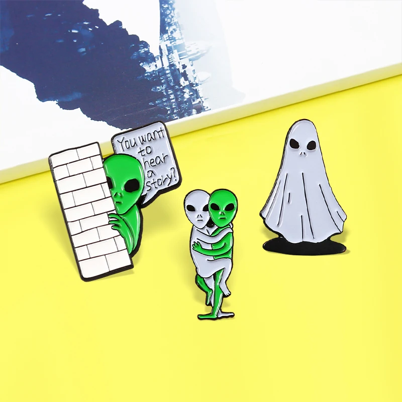 

Funny Alien And Ghost Enamel Pin Alien ET 'You want to hear a story' Brooches Lapel For Lovers Best Friend Badge Jewelry Gift