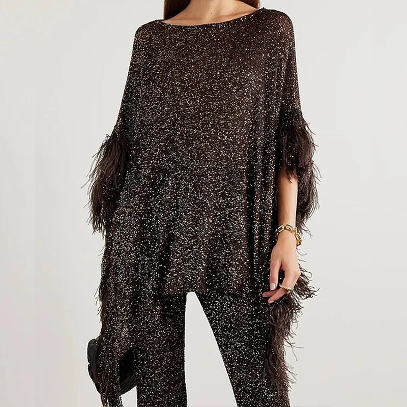 Women's O-neck Batwing Sleeve Pullover + Long Pants Set Fashion Shining Sequin Party Two Piece Elegant Tassel Patchwork Outfits
Women's O-neck Batwing Sleeve Pullover + Long Pants Set Fashion Shining Sequin Party Two Piece Elegant Tassel Patchwork Outfits