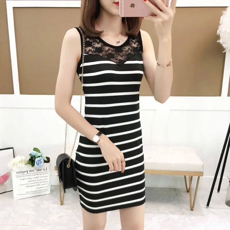

Sexy Lace Hollow Out Spliced Midi Dress Women's Clothing Basic Round Neck 2024 Summer Striped Casual Sleeveless Bag Hip Sundress