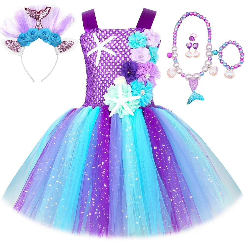 

Little Mermaid Costume for Girls Birthday Party Gifts Clothes Sparkly Ariel Tutu Princess Dress Toddler Kids Halloween Outfit