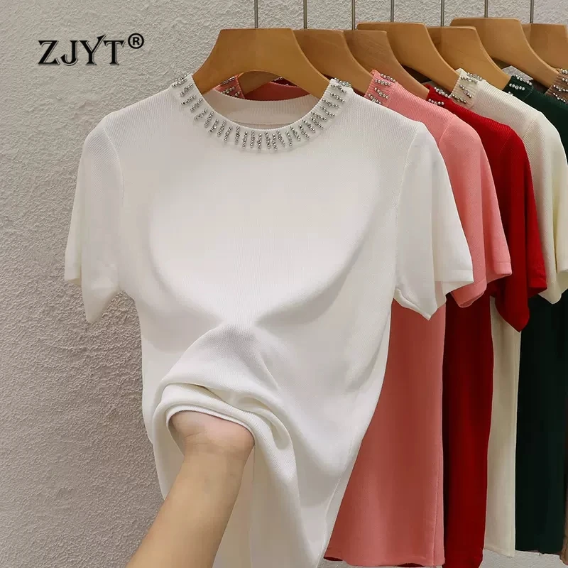 ZJYT Summer Beading O Neck Sweaters for Women Short Sleeve Knitted Tops Knitwears Pullovers Basics Jersey Mujer Korean Fashion
ZJYT Summer Beading O Neck Sweaters for Women Short Sleeve Knitted Tops Knitwears Pullovers Basics Jersey Mujer Korean Fashion