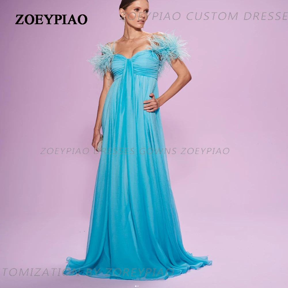 

Sky Blue Feather Evening Dresses Modest Off Shoulder Chiffon A Line Women Formal Wedding Party Guest Gowns Chiffon Soiree