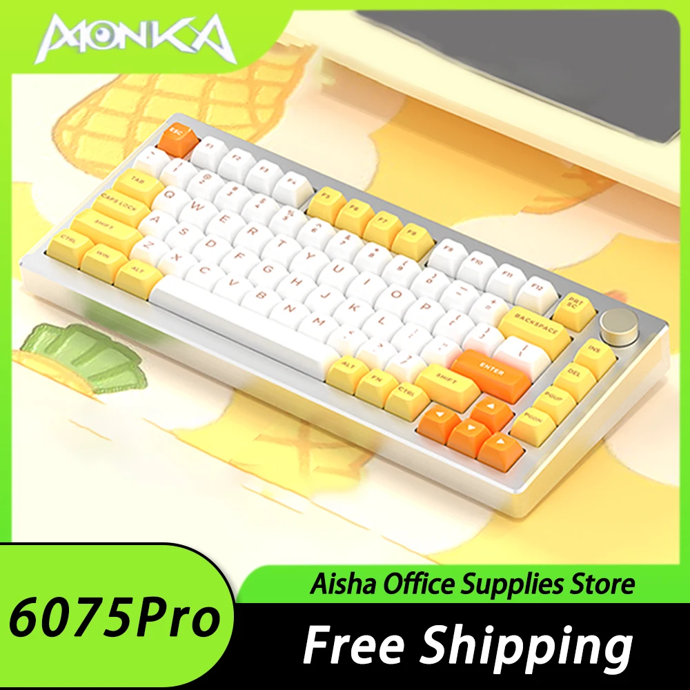 

Механическая клавиатура MONKA 6075Pro, клавиатура из алюминиевого сплава с тремя режимами и ручкой, RGB Беспроводная игровая, с 82Key прокладкой, с возможностью замены клавиш, для ПК