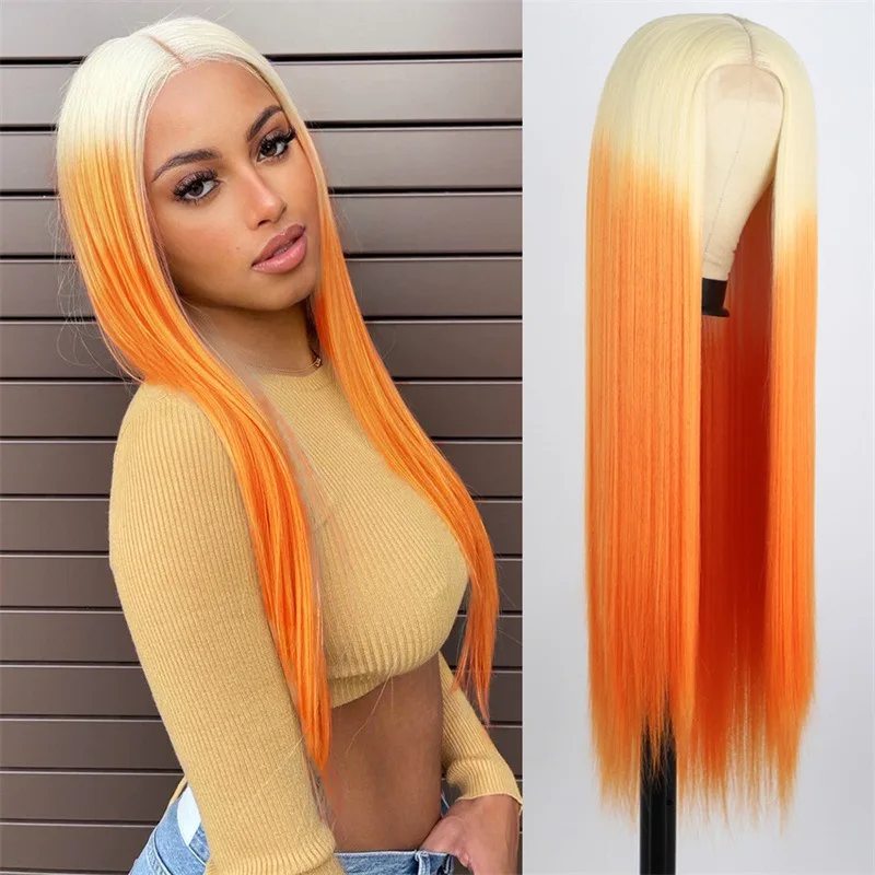 

26 Inches Ladies Straight Bobo Wigs in Gradual Change Orange Wigs Head Set Fashion Fluffy Facial Repair Chemical Fiber