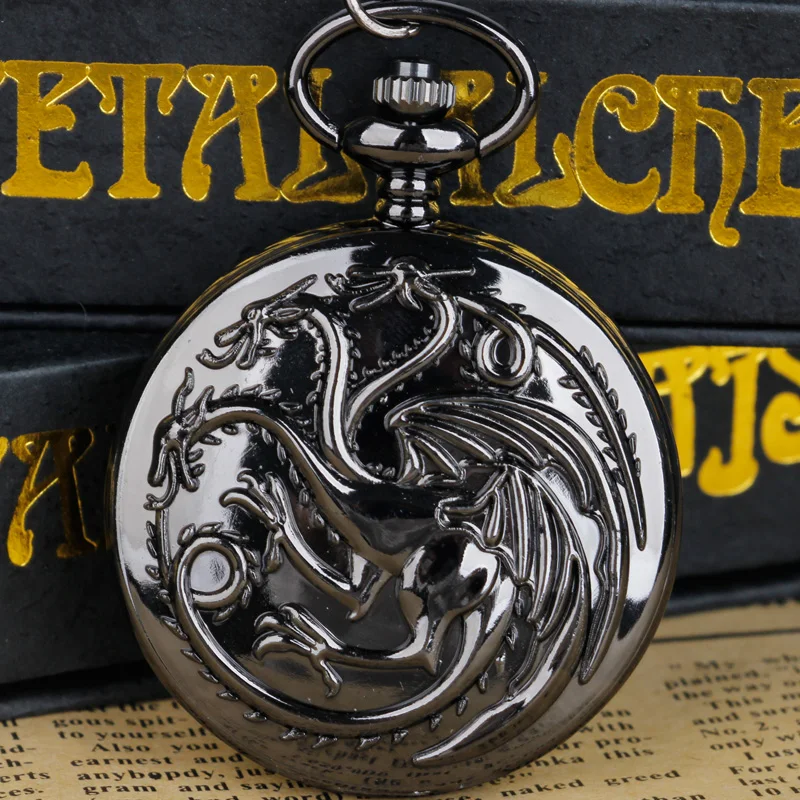 

Black Vintage Quartz Pocket Watch Dragon Engraved Flip Roman Numerals Necklace Clock Unisex Student Gift