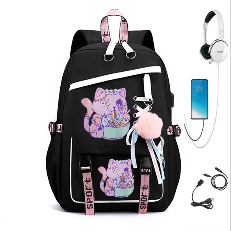 

Fashion Cat Anime Backpack for Women Pastel Goth Cat Eating Ramen Cartoon Rucksack Teenager Student School Bag Girls Travel Bag