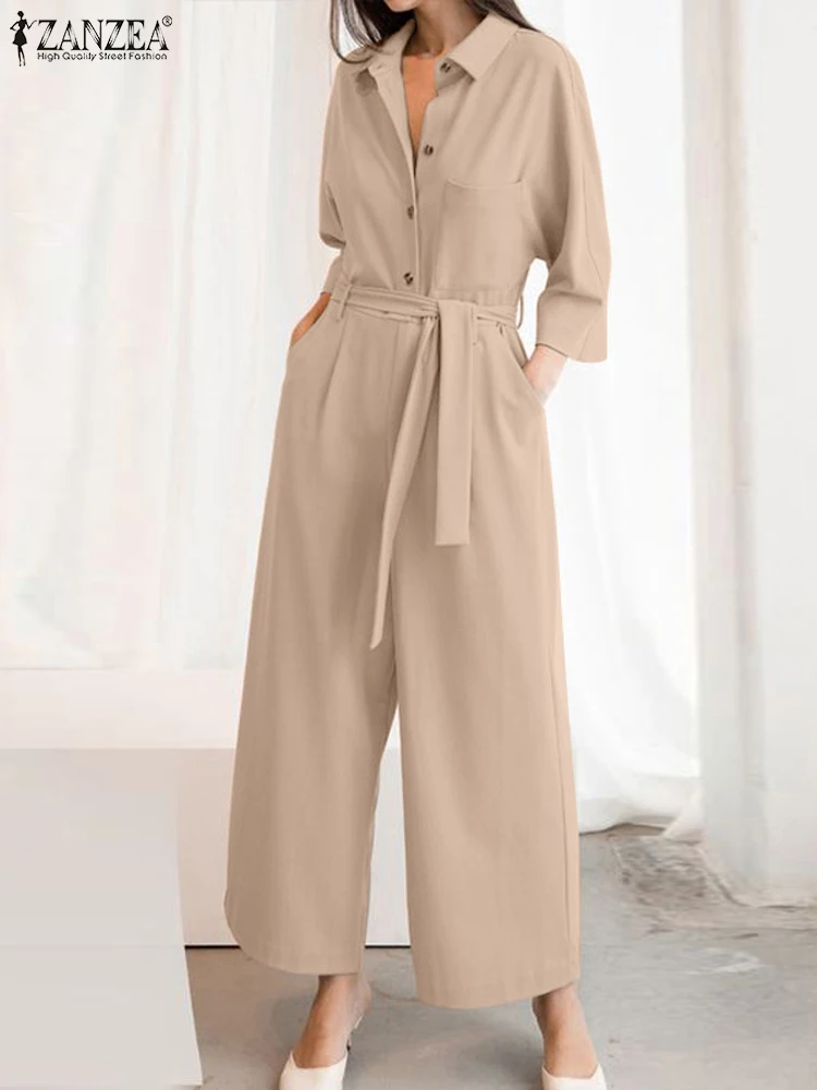 

ZANZEA Fashion Women Jumpsuits Summer Vintage Rompers Overalls Elegant OL Work Pants Long Pantalon Casual 3/4 Sleeve Playsuits